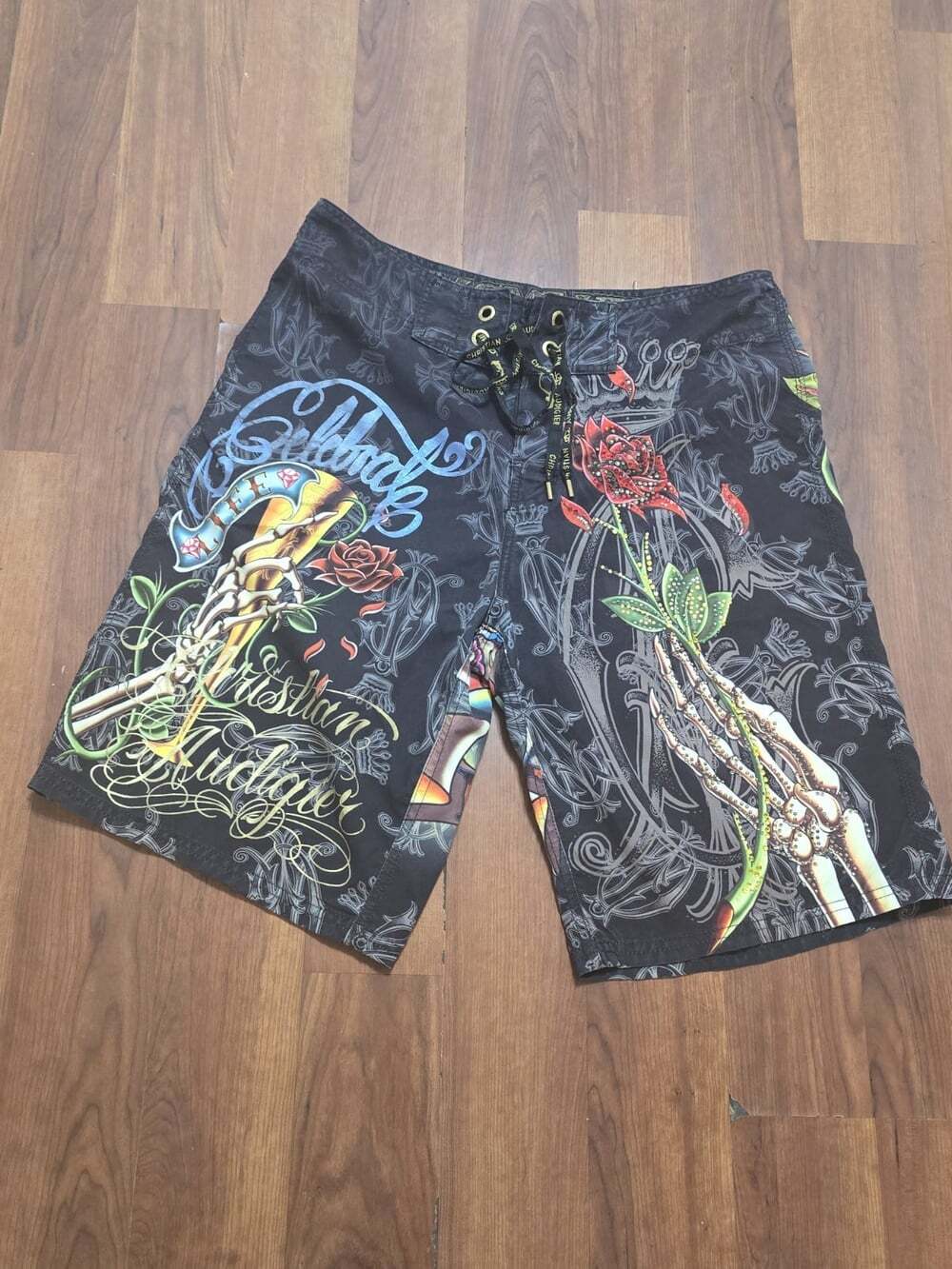 Vtg Christian Audigier Board Swim Surf Shorts Vibrant Tattoo-style Skull Rose 32